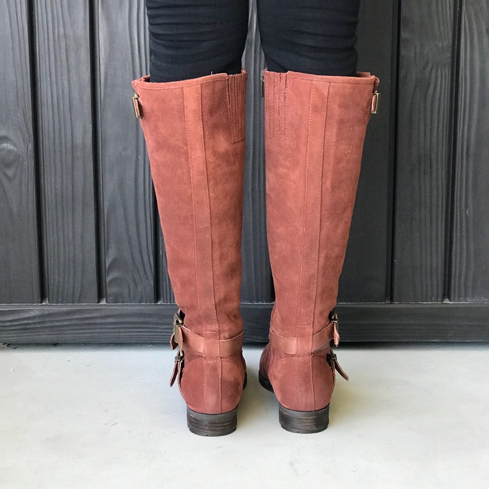 Rust Leather Buckle Ankle Lug Sole Knee High Boots - Picture 3 of 5